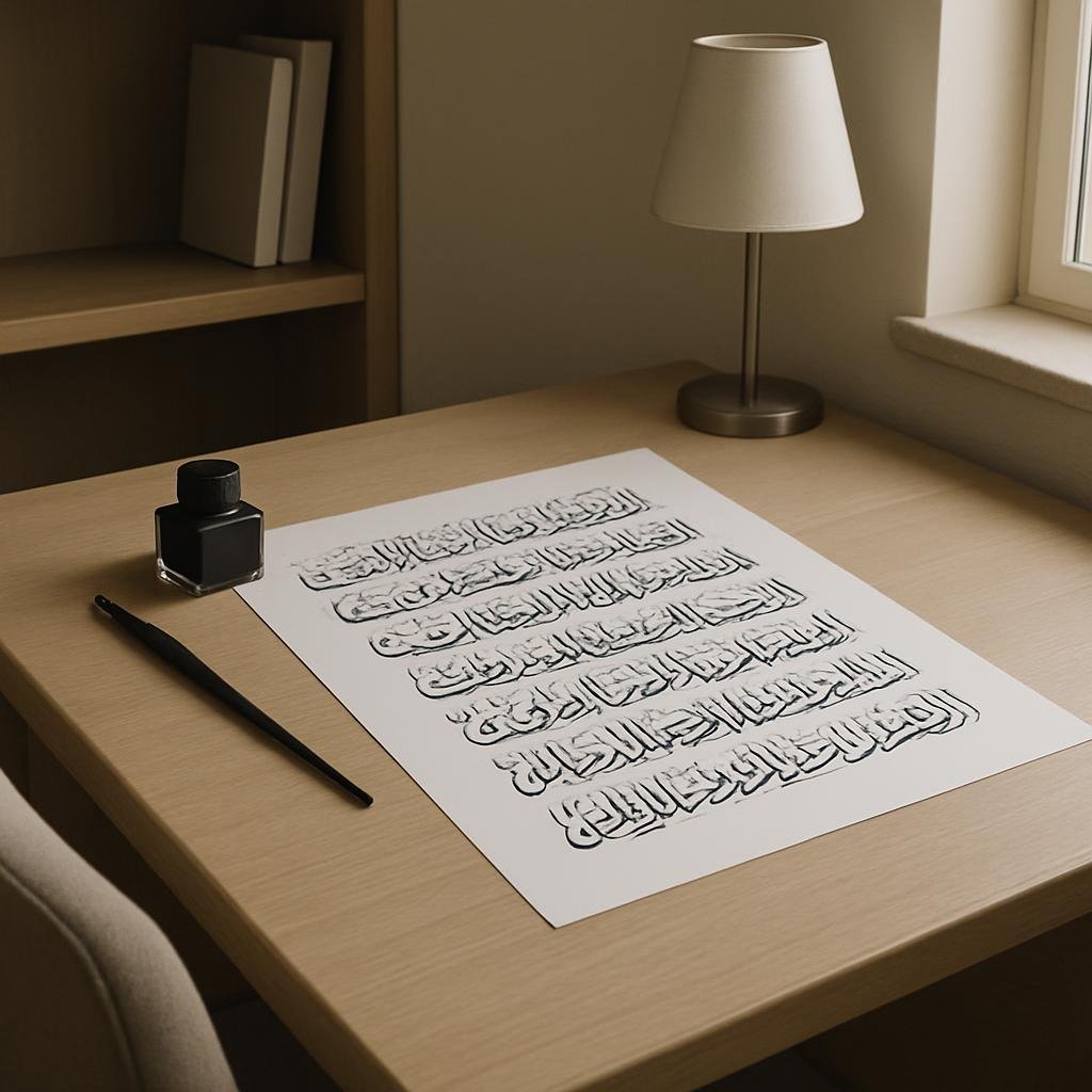 A desk with paper, pen, lamp, and shelf. A pen lies on a piece of white paper with Arabic writing, accompanied by a black ...